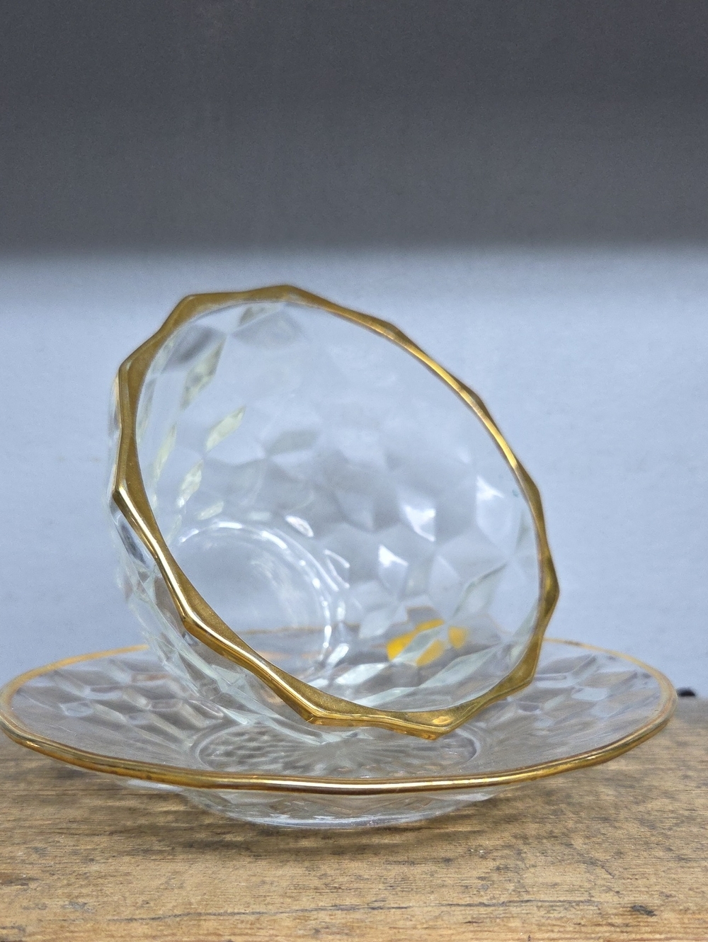 Vintage Jeanette Glass Mayo Bowl With Under Plate 22k Gold Cubist Clear